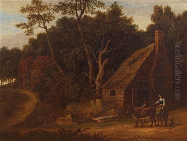 A Wooded Landscape With A Manor House And Farm. Figures And Animals In The Foreground. Oil Painting by Nicolaes Petersz Berchem