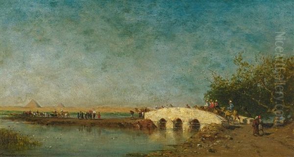 Orientalische Wasserlandschaft Mit Karavane An Einer Brucke Oil Painting by Narcisse Berchere