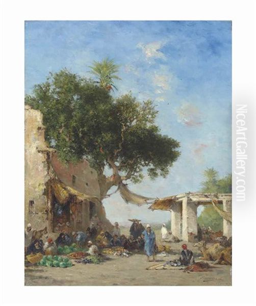 An Arab Market Oil Painting by Narcisse Berchere