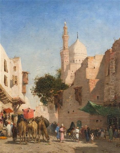 Merchants And Camels In A Marketplace by Narcisse Berchere