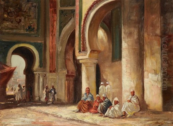 Personnages Assis Dans La Mosque Ibn Tulun, Au Fond La Mosquee Muhamed Ali Oil Painting by Narcisse Berchere