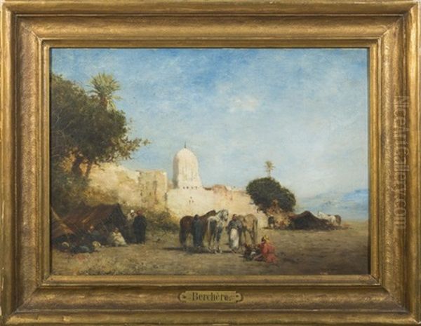 Orientalist Encampment Outside The Walls Of A City Oil Painting by Narcisse Berchere