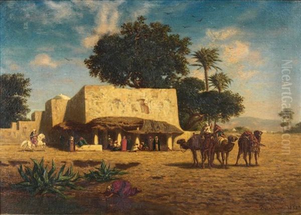 Arrivee De La Caravane Au Caravanserail Oil Painting by Narcisse Berchere