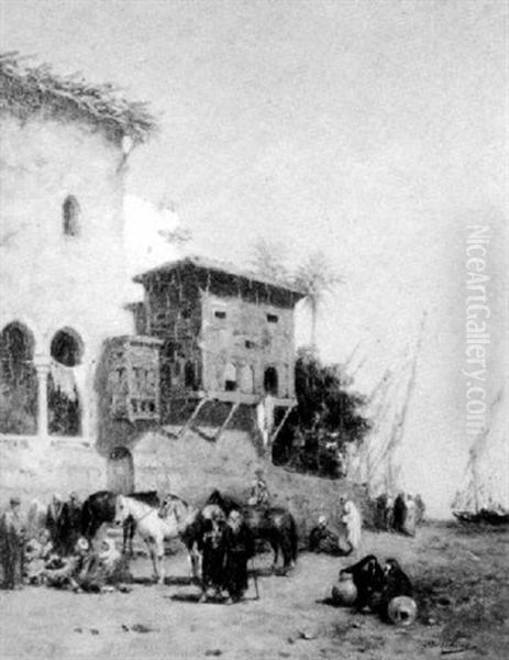 An Arabian Coastal Landscape With Buildings And Figures by Narcisse Berchere