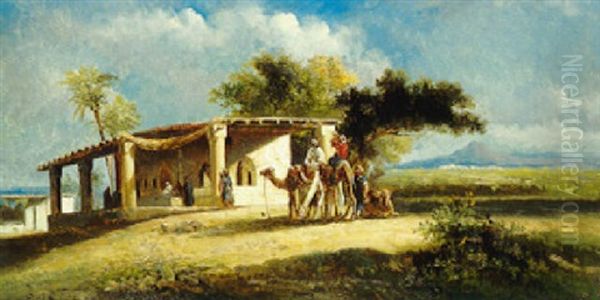 Chameliers Aux Abords D'une Terrasse Oil Painting by Narcisse Berchere