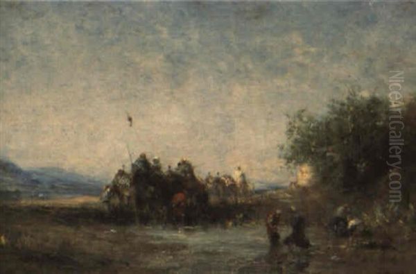 Halte Des Cavaliers Au Point D'eau Oil Painting by Narcisse Berchere