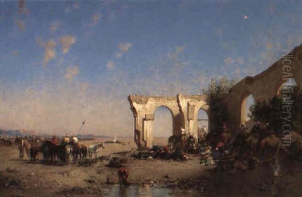 Arab Travellers Resting By Ruins Oil Painting by Narcisse Berchere