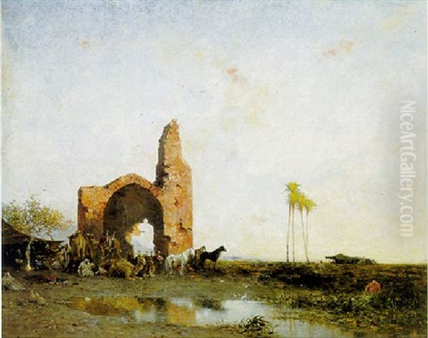 Caravane Au Repos (orientalische Landschaft Mit Ruine, Arabern Und Ruhenden Pferden Und Kamelen} Oil Painting by Narcisse Berchere