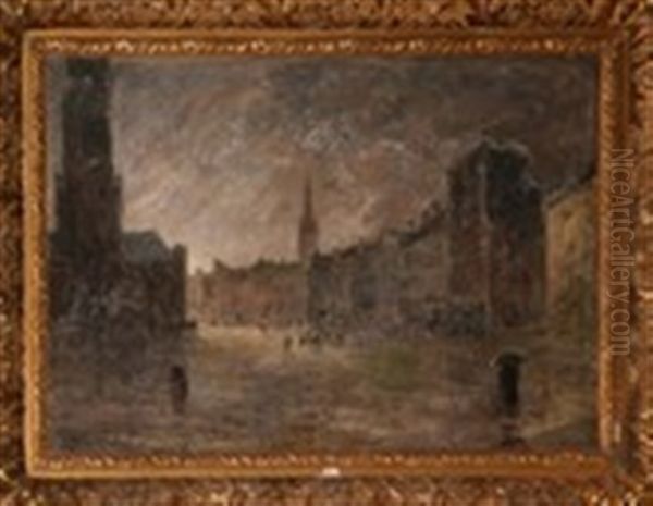 La Grand Place De Bruges Sous La Pluie Oil Painting by Emile Berchmans