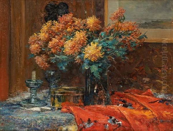 Gueridon Fleuri Oil Painting by Emile Berchmans