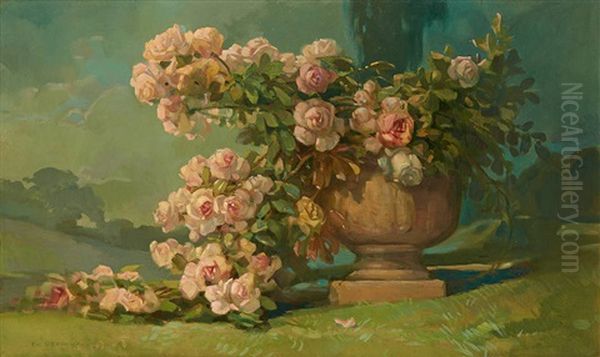 Vasque Garnie De Roses Oil Painting by Emile Berchmans