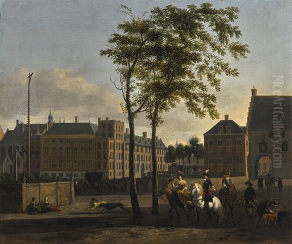 The Hague, A View Of The Plaats And The Buitenhof, With An Elegant Hawking Party Oil Painting by Gerrit Adriaensz Berckheyde