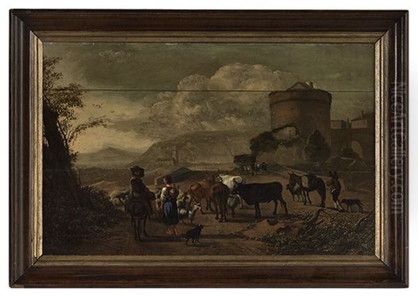 Shepherdess With Livestock In An Italian Landscape Oil Painting by Gerrit Adriaensz Berckheyde