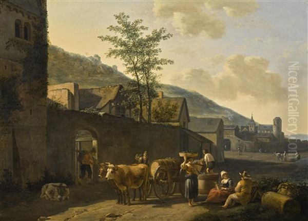 Landscape With Figures And Cattle Before A City Wall Oil Painting by Gerrit Adriaensz Berckheyde