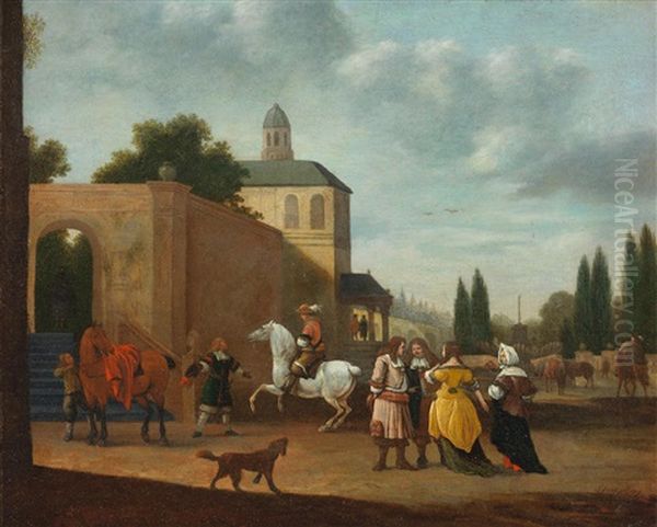 Elegant Figures Before A Town Oil Painting by Gerrit Adriaensz Berckheyde