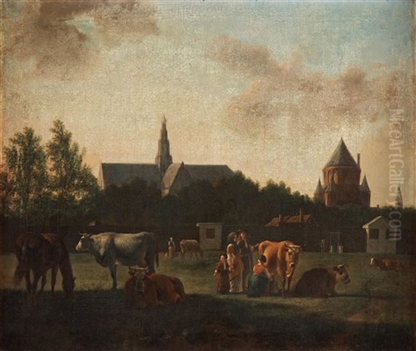 Cattle And Figures Outside Haarlem Oil Painting by Gerrit Adriaensz Berckheyde