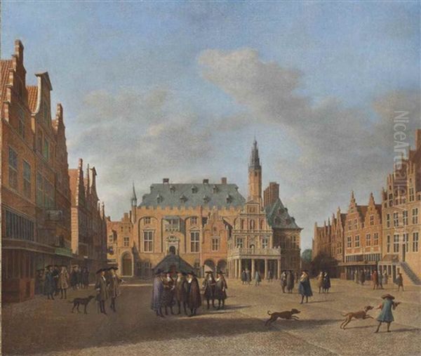 The Grote Markt, Haarlem, Looking West, With The Town Hall And Figures Conversing In The Market Square Oil Painting by Gerrit Adriaensz Berckheyde