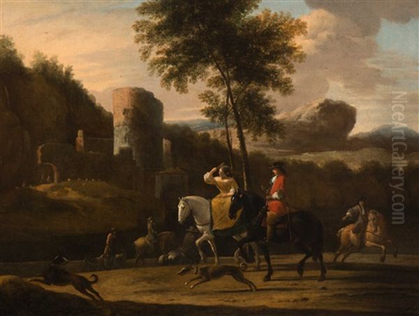 Elegant Company On Horseback With A Ruin In The Background Oil Painting by Gerrit Adriaensz Berckheyde