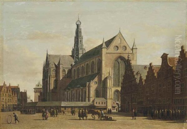 The Grote Markt, Haarlem, Looking South-east, With The Church Of Saint Bavo Oil Painting by Gerrit Adriaensz Berckheyde