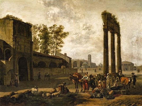 Architectural Capriccio With Market Scene Oil Painting by Gerrit Adriaensz Berckheyde