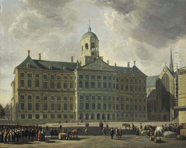 A View Of The Dam With The New Town Hall, The Nieuwe Kerk And The Waag, Amsterdam Oil Painting by Gerrit Adriaensz Berckheyde