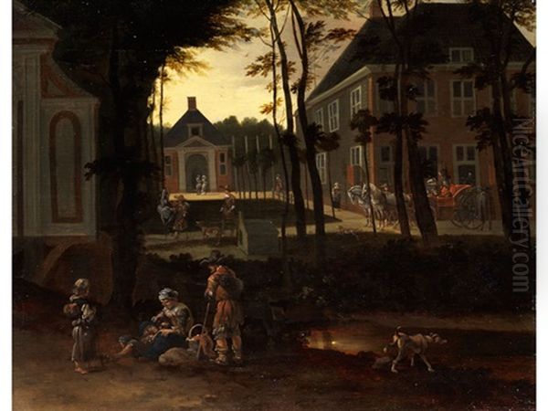 Blick Auf Einen Schlosshof Mit Staffagefiguren Bei Sonnenuntergang Oil Painting by Gerrit Adriaensz Berckheyde