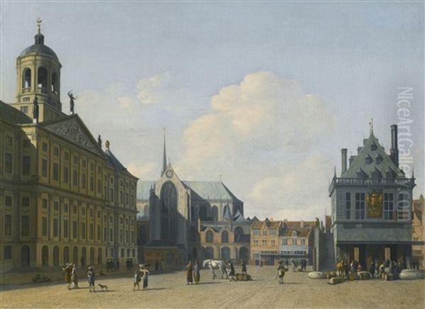 Amsterdam, A View Of The Dam Square In The Late Afternoon Looking North, With The Town Hall On The Left, The Nieuwe Kerk Beyond It, And The Waag To The Right Oil Painting by Gerrit Adriaensz Berckheyde