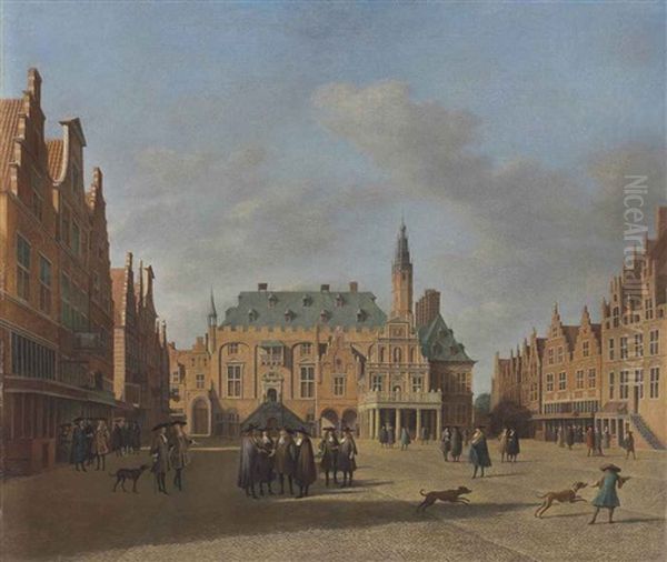 A View Of The Townhall Of Haarlem, With Figures Conversing On The Market Square Oil Painting by Gerrit Adriaensz Berckheyde