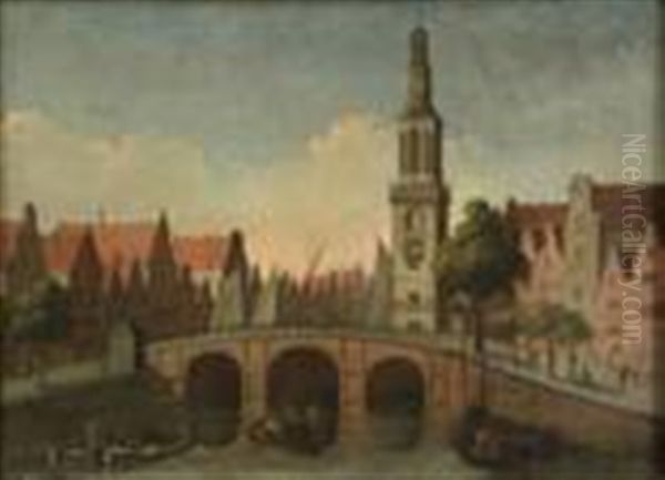 View Of The Singel With The Jan Roodenpoortstoren, Amsterdam Oil Painting by Gerrit Adriaensz Berckheyde