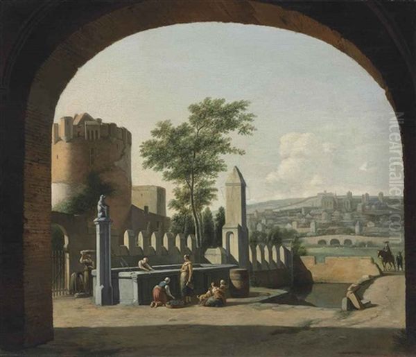 A Townscape Viewed Through An Archway, With Women By A Fountain Oil Painting by Gerrit Adriaensz Berckheyde