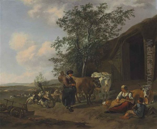 An Italianate Landscape With Peasants Outside A Barn Oil Painting by Gerrit Adriaensz Berckheyde