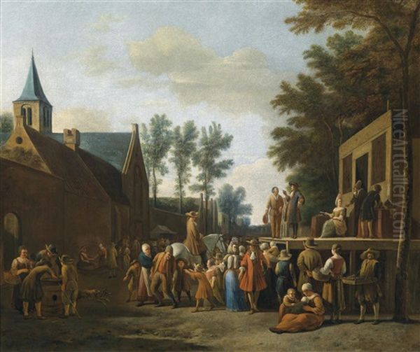 Eine Stadtansicht Mit Einer Wanderbuhne Und Gauklern (koln?) Oil Painting by Gerrit Adriaensz Berckheyde