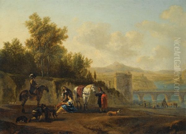 An Extensive Italianate River Landscape With Travelers Resting On A Path Oil Painting by Gerrit Adriaensz Berckheyde