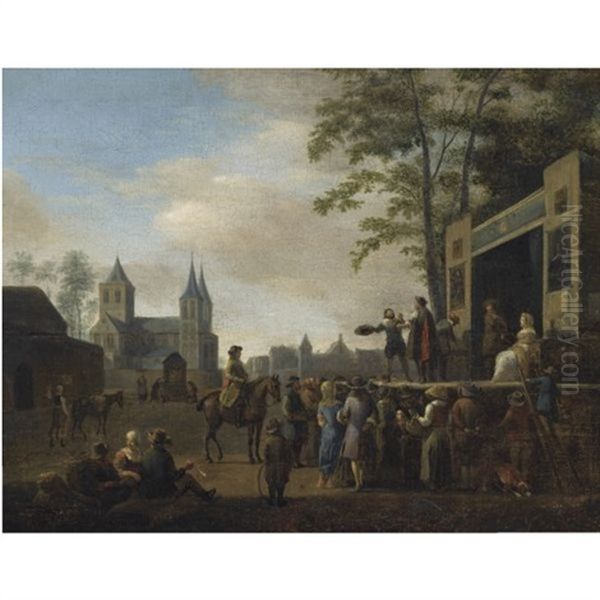 A Stage Play In A Village Street, With Numerous Villagers Watching, A Church In The Background Oil Painting by Gerrit Adriaensz Berckheyde