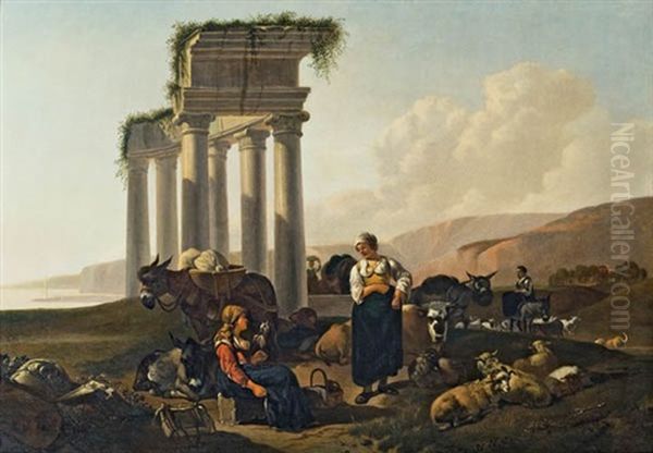 Landschaft Mit Frauen Und Viehherde Vor Einer Ruine Oil Painting by Gerrit Adriaensz Berckheyde