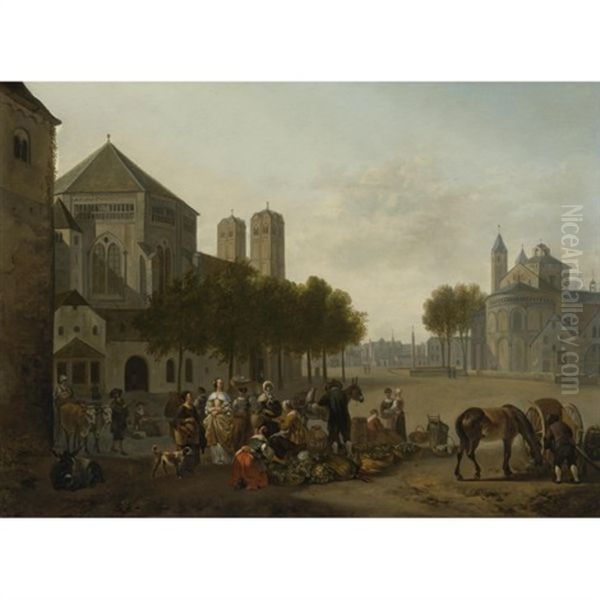 Cologne, A Capriccio View Of The Churches Of Sankt Gereon And Sankt Aposteln, With A Market Scene In The Foreground Oil Painting by Gerrit Adriaensz Berckheyde