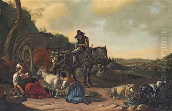 A Pastoral Landscape With A Team Of A Horse And Oxen Drawing A Wagon Oil Painting by Gerrit Adriaensz Berckheyde