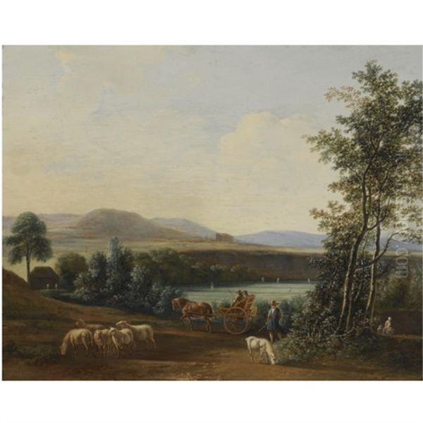 An Extensive Hilly Landscape With A Horse-drawn Carriage With Elegant Figures Riding Along Fields, A Shepherd With His Flock Of Sheep In The Foreground Oil Painting by Gerrit Adriaensz Berckheyde