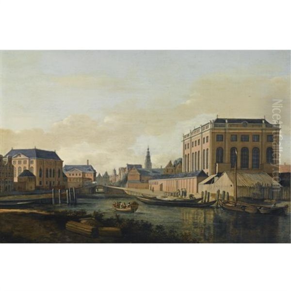 Amsterdam: A View Of The Portuguese And The Grote Synagogue, With Figures In A Boat On The Muidergracht, The Tower Of The Zuiderkerk And The Town Hall In The Distance Oil Painting by Gerrit Adriaensz Berckheyde