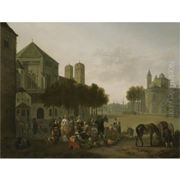 Cologne: A Capriccio View Of The Churches Of Sankt Gereon And Sankt Aposteln, With A Market Scene In The Foreground Oil Painting by Gerrit Adriaensz Berckheyde