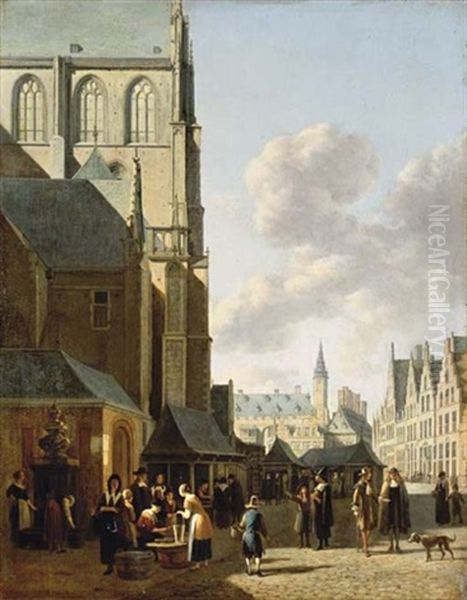 The Grote Markt, Haarlem, Looking West, With St. Bavo's And The Fish Market, The Town Hall Beyond Oil Painting by Gerrit Adriaensz Berckheyde