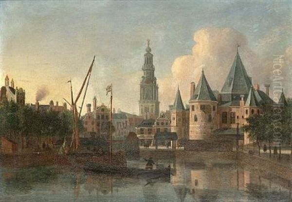 The Nieuwemarkt, Amsterdam, From The Geldersekade With The Tower Of The Zuiderkerk Beyond Oil Painting by Gerrit Adriaensz Berckheyde