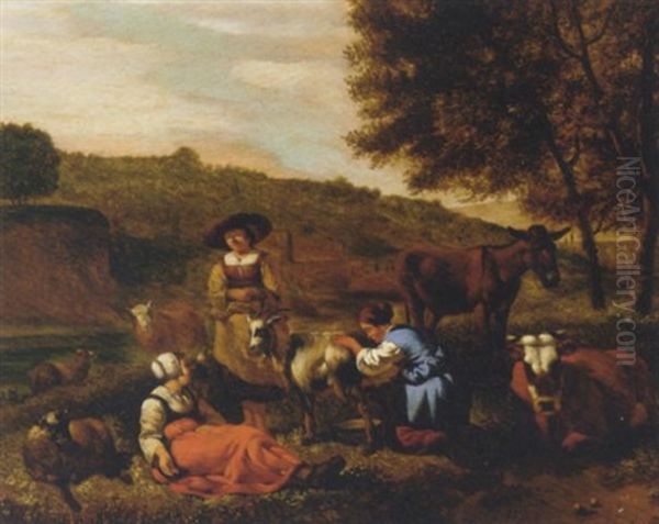 Shepherdesses And Their Herd In A Wooded River Landscape Oil Painting by Gerrit Adriaensz Berckheyde