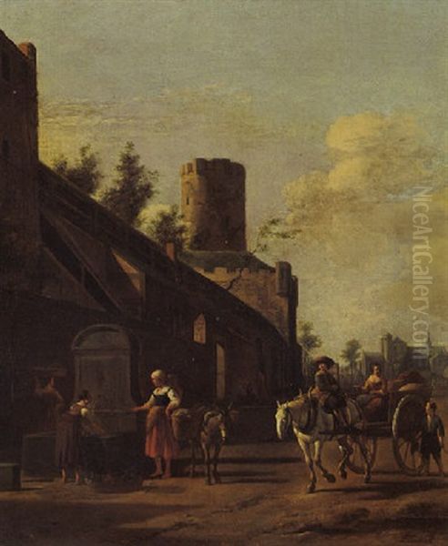 Peasants At A Fountain By The City Wall Of Cologne With A View Of The Church Of St. Pantaleon's In The Distance Oil Painting by Gerrit Adriaensz Berckheyde