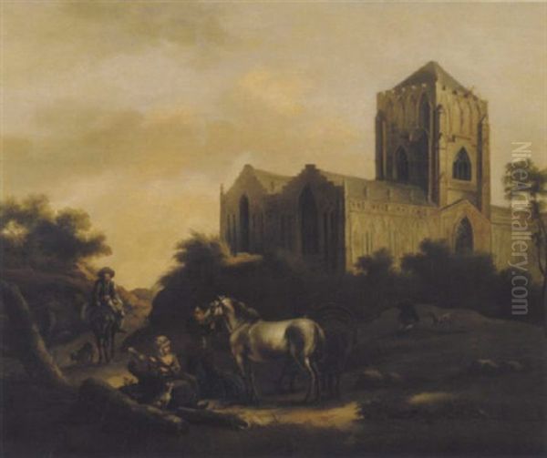 Gotische Kirche In Landschaft Mit Schimmel Und Staffagefiguren Oil Painting by Gerrit Adriaensz Berckheyde