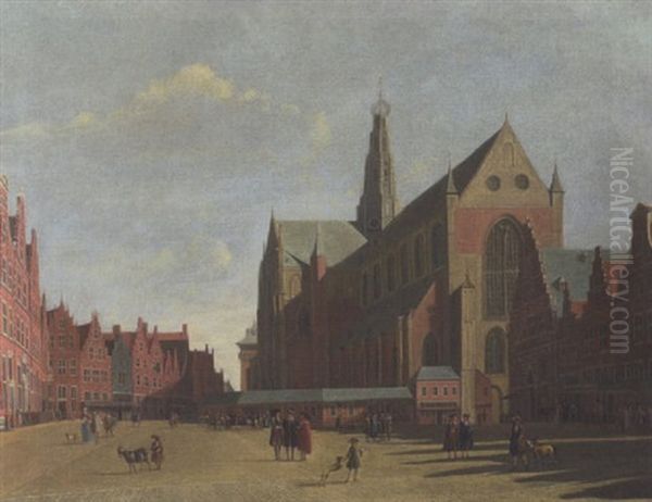 Der Platz Vor Der St. Bavo - Kirche In Haarlem Mit Zahlreichen Staffagefiguren Oil Painting by Gerrit Adriaensz Berckheyde