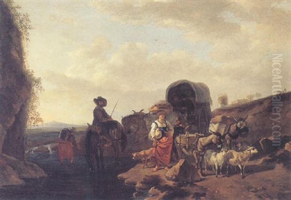 An Italianate Landscape With A Peasant Family Fording A Stream Oil Painting by Gerrit Adriaensz Berckheyde