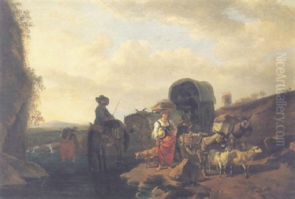 An Italianate Landscape With A Peasant Family Fording A Stream by Gerrit Adriaensz Berckheyde