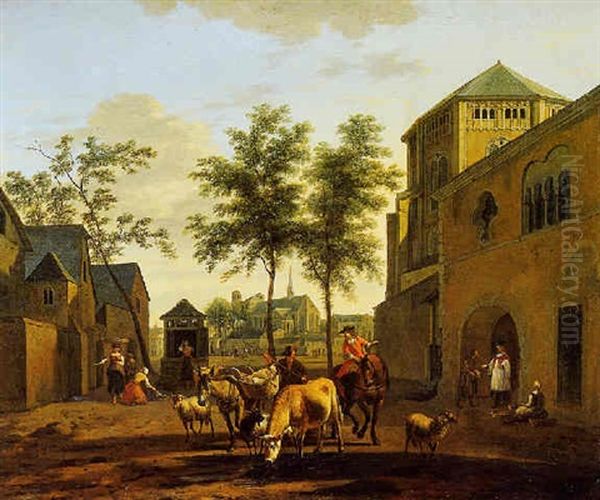 Vue De L'eglise Saint-gereon A Cologne, Avec Paysans Et Troupeau Oil Painting by Gerrit Adriaensz Berckheyde