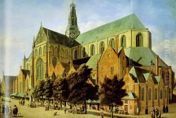 Vue De L'eglise Saint-bavon De Haarlem Oil Painting by Gerrit Adriaensz Berckheyde